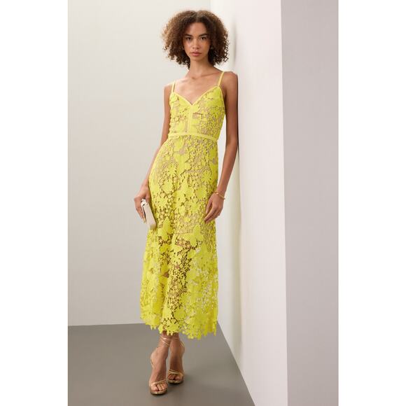 CATHERINE DEANE Yellow Floral Lace Overlay Peony Figure Hugging Dress size US 8 - Picture 9 of 16